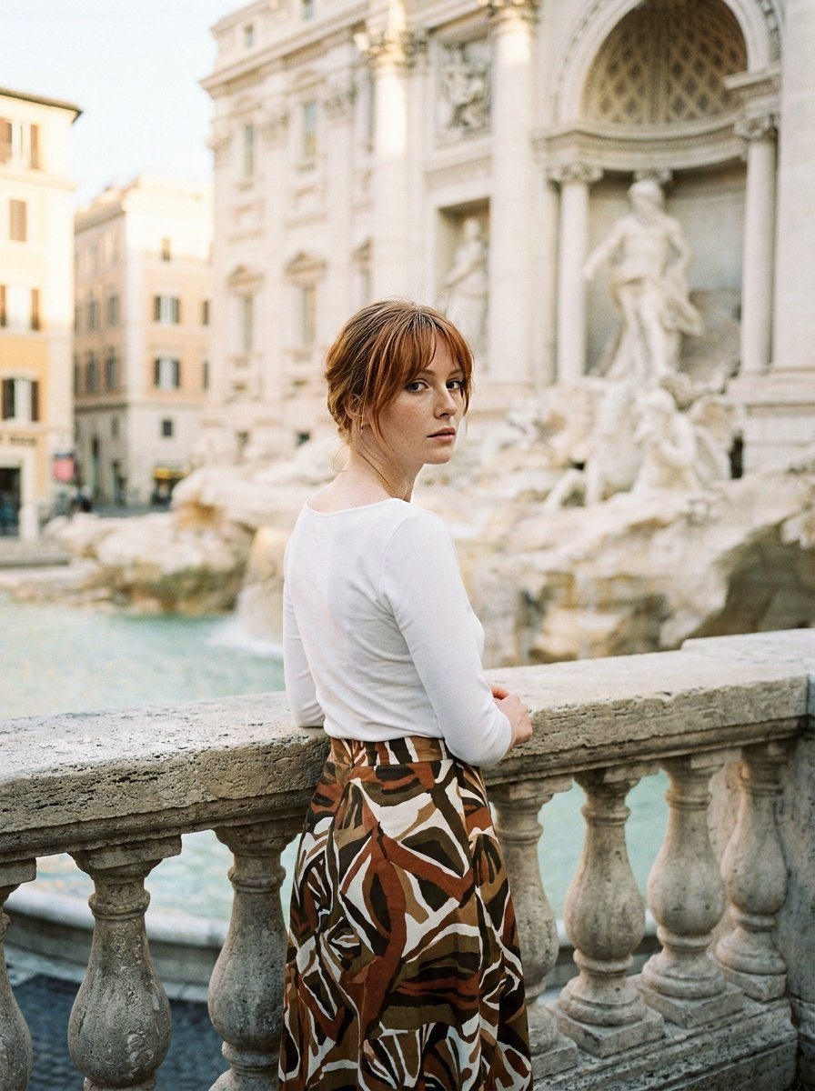 Margot in a white top and patterned midi skirt, looking back over her shoulder at the empty Trevi Fountain in early morning light