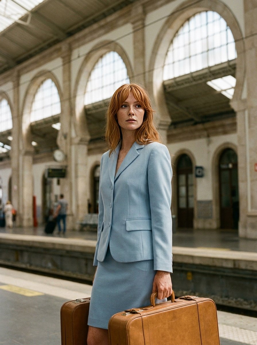 Powder-blue skirt suit with two leather suitcases under the arches of Rossio station
