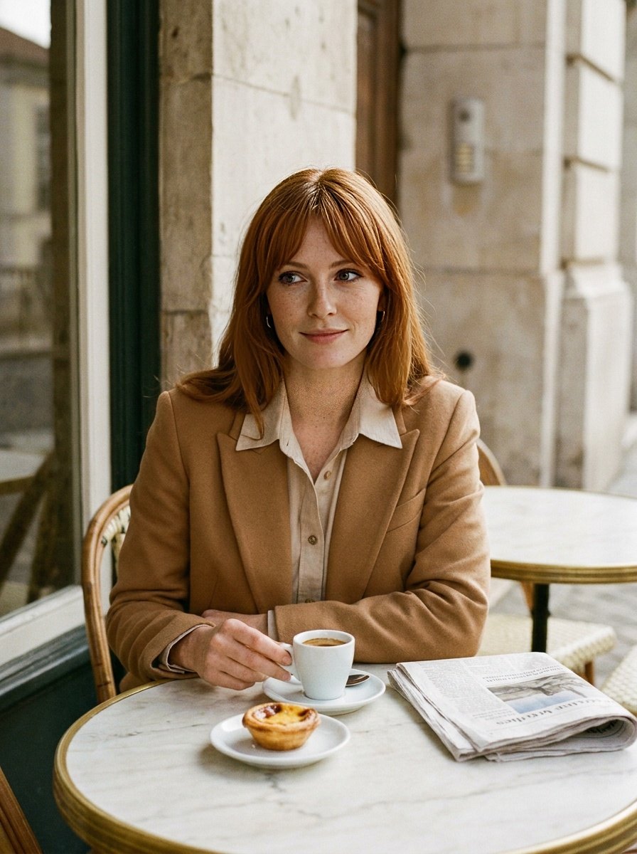 Camel blazer at a marble café table with an espresso and a pastel de nata