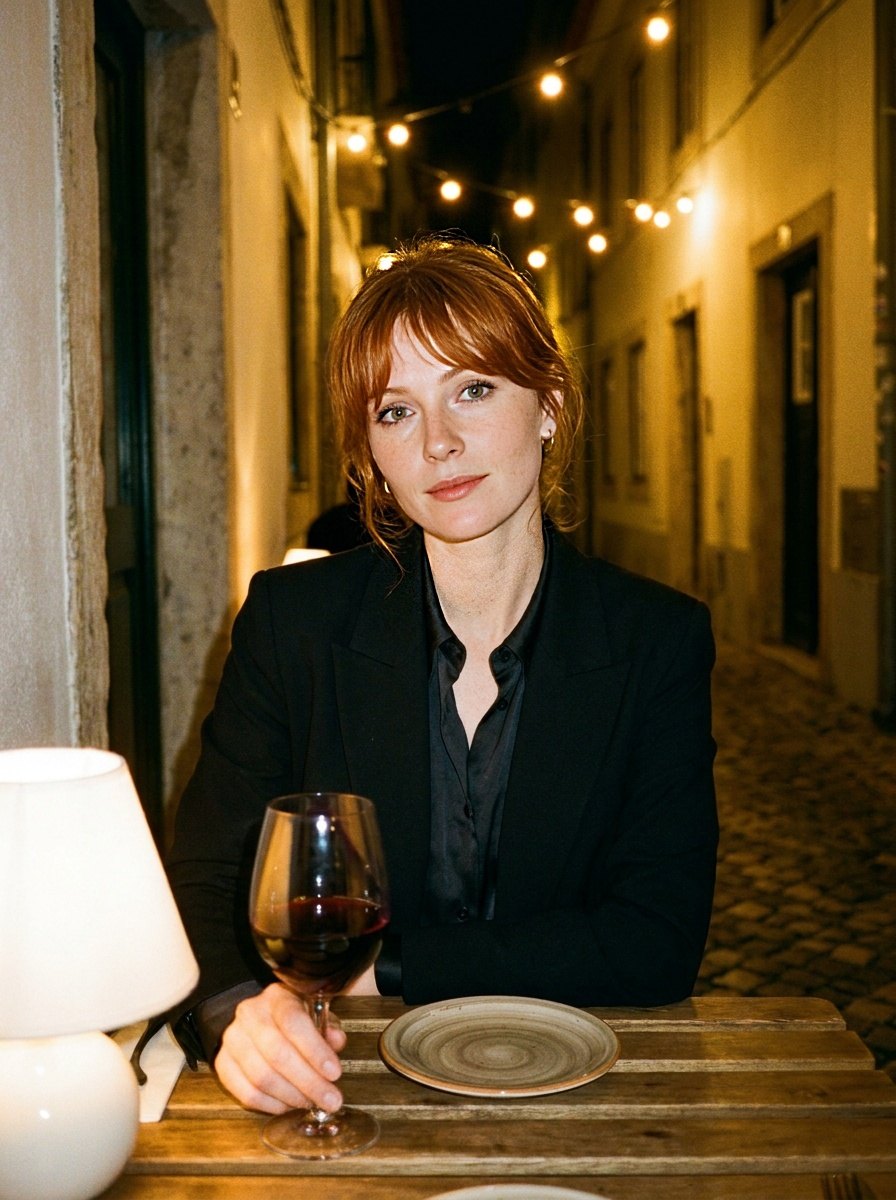 Black blazer and silk shirt at a candlelit table in an Alfama alley at night