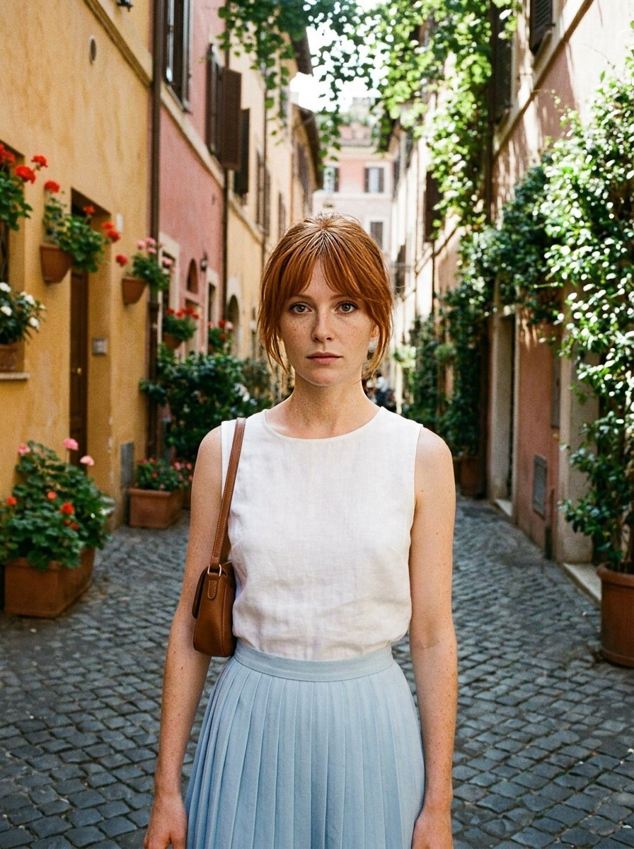 White top and pale blue pleated skirt in a cobbled Trastevere alley with potted plants