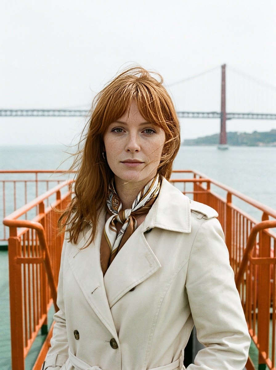 Cream trench and knotted silk scarf on the deck of the Tagus ferry, bridge behind