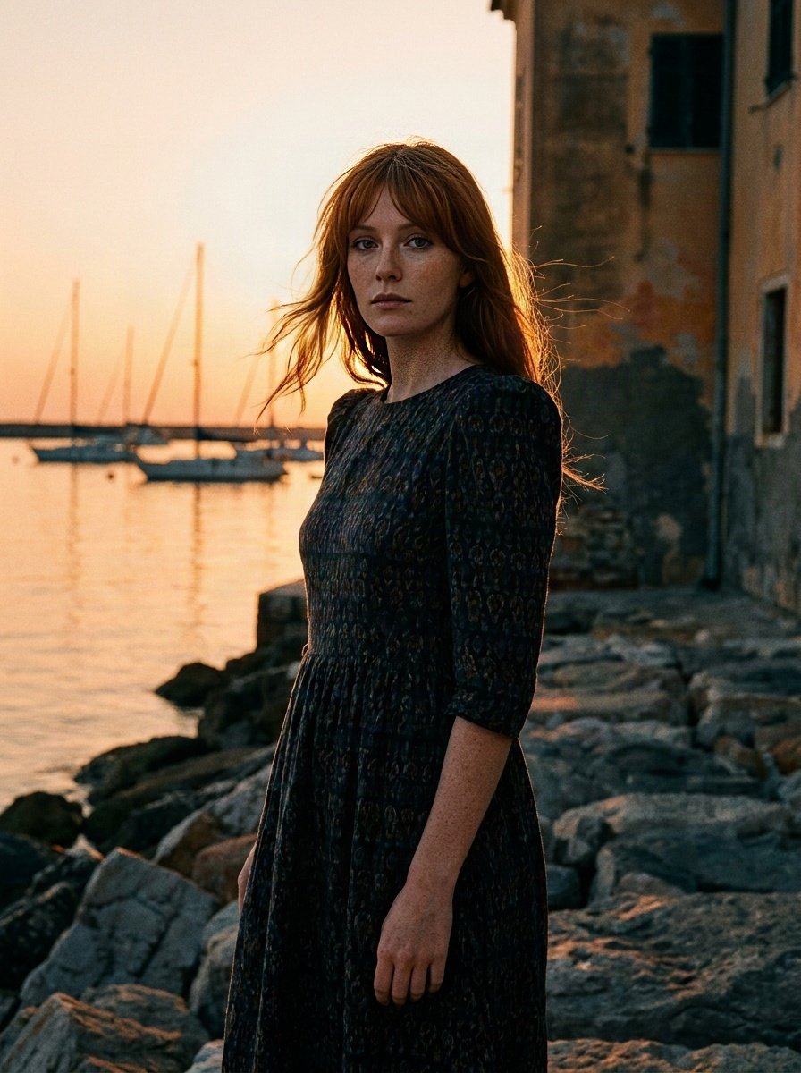 Printed dress on the rocks at a harbour at sunset, moored sailboats behind