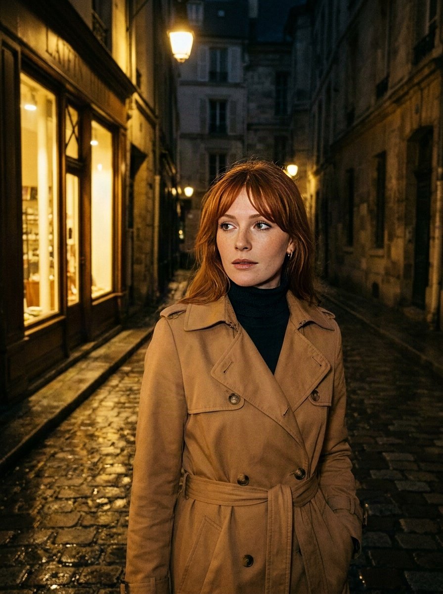Camel trench and dark polo neck on a wet cobbled street outside a lit shopfront