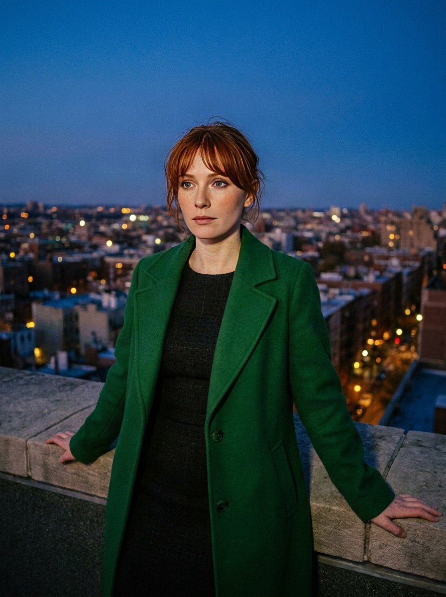 Emerald wool coat at a rooftop parapet at blue hour above a lit city