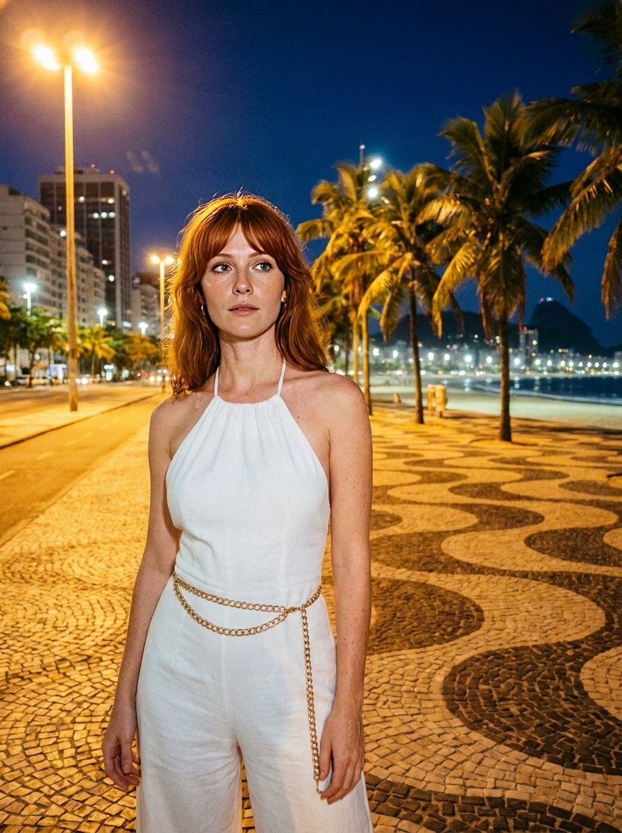 White halter jumpsuit with a gold chain belt on the Copacabana promenade at night