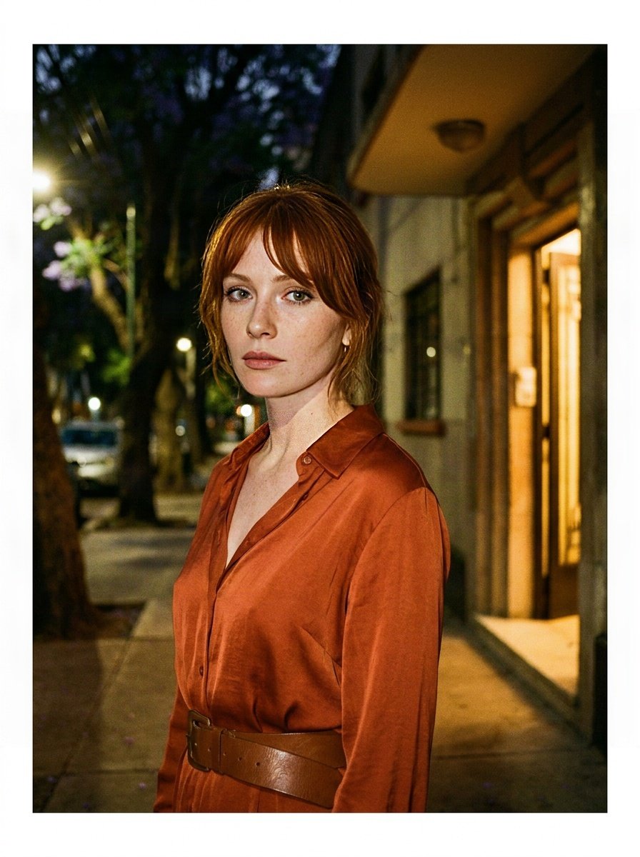 Burnt-orange silk shirt dress under jacarandas on a Colonia Roma street at night