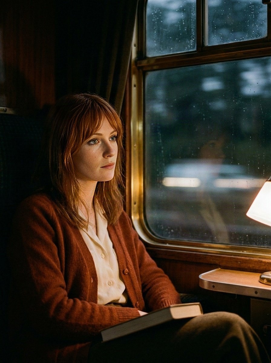 Rust cardigan and a closed book by the window of a night train compartment