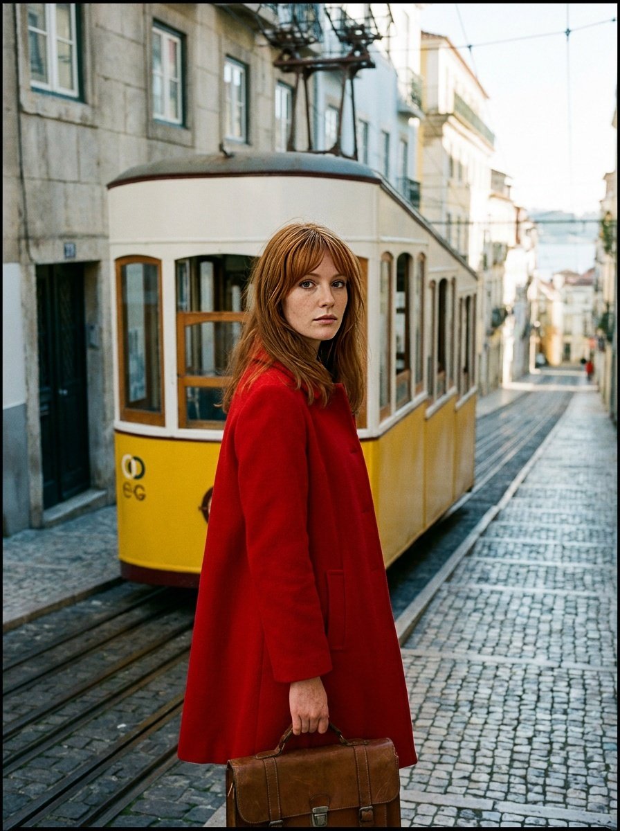 Scarlet swing coat in front of the yellow Bica funicular