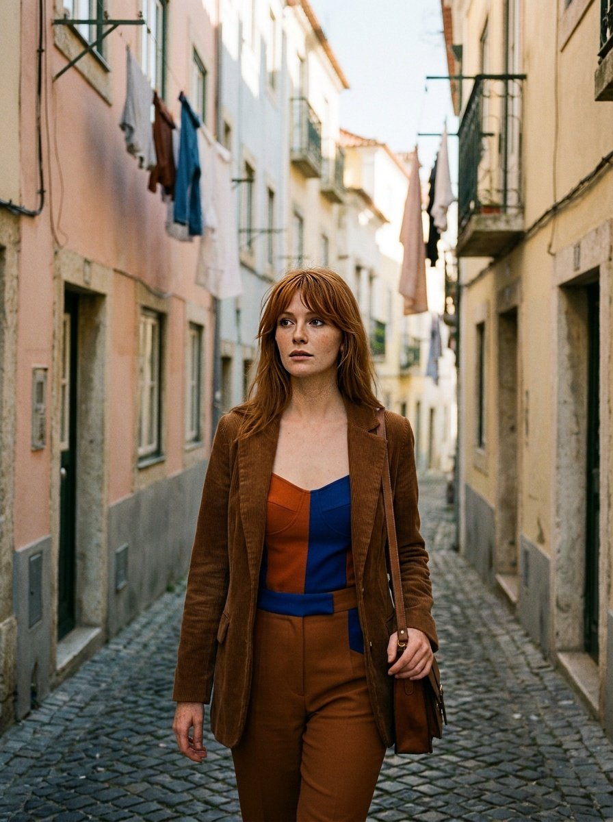 Corduroy blazer over a colour-block top in an alley under laundry lines
