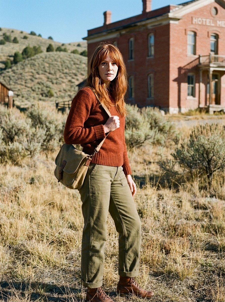 Rust wool sweater and canvas satchel before the red-brick Hotel Meade, Bannack