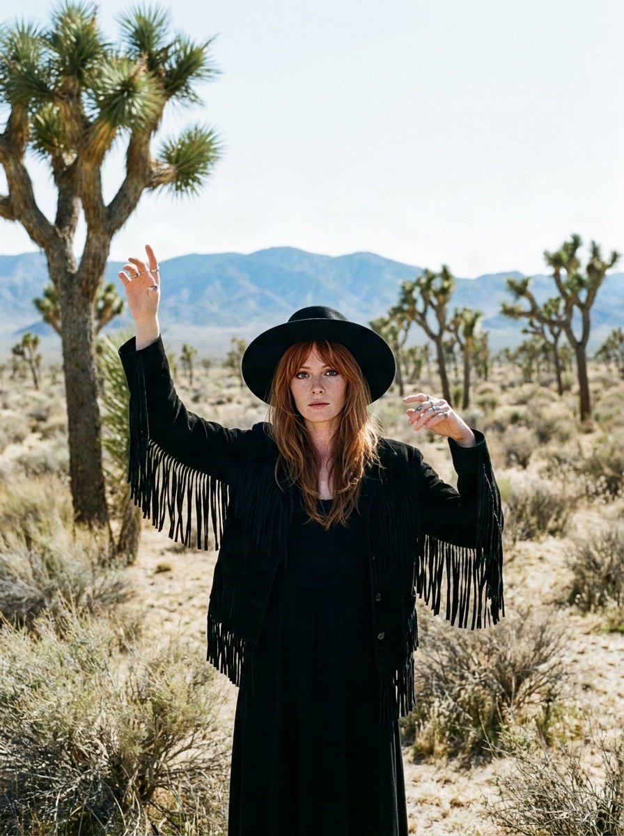 Black suede fringed jacket and wide-brimmed hat among Joshua trees