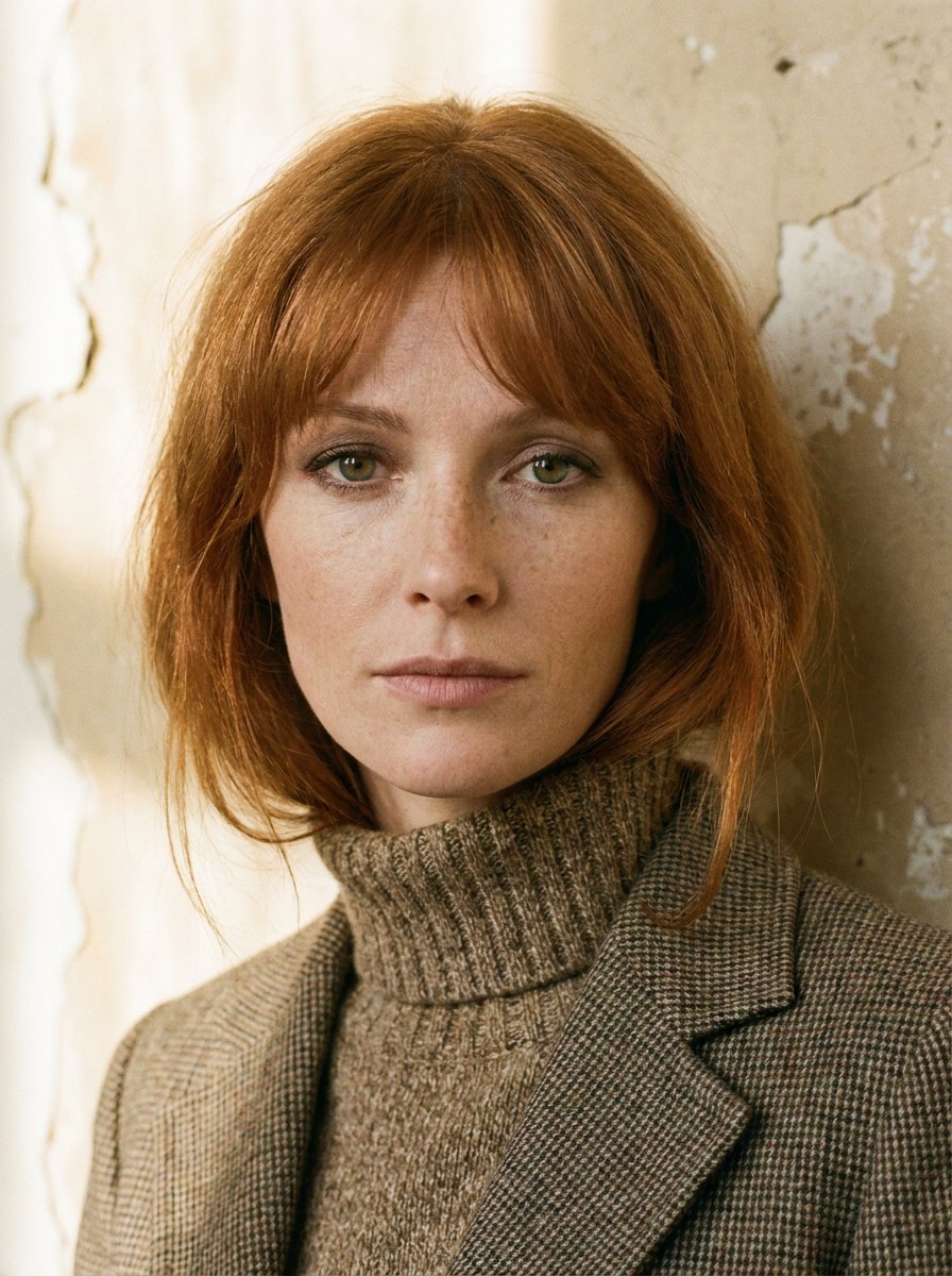 Portrait of Margot Rieve: auburn hair with a wispy fringe, freckles, tweed blazer, against a peeling plaster wall