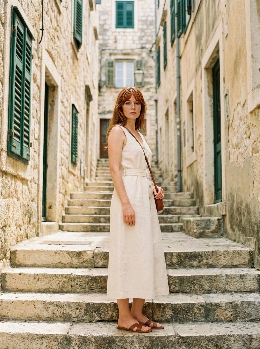 Cream structured midi dress on worn limestone steps in a narrow Dalmatian alley