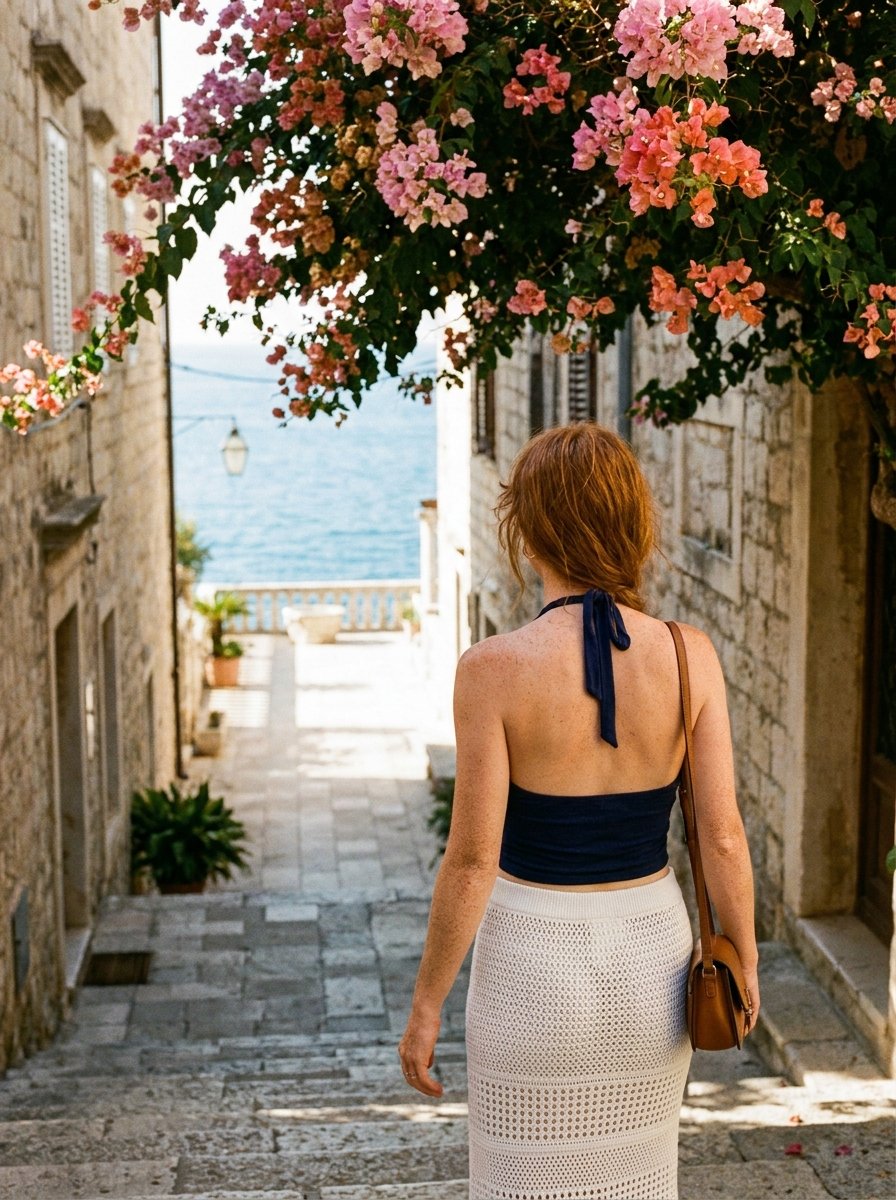 Walking down stone steps beneath a canopy of pink bougainvillea toward the sea