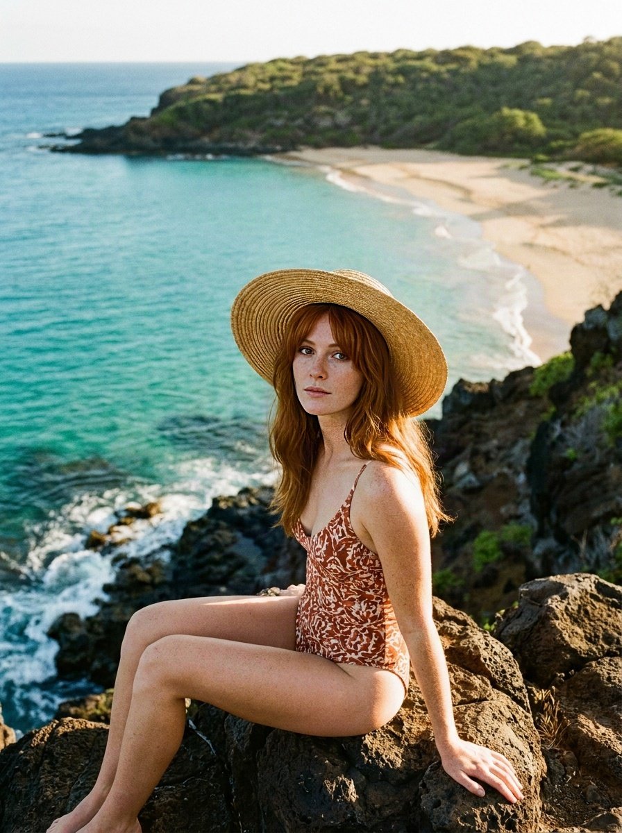Patterned one-piece and straw hat on volcanic rock above a turquoise bay